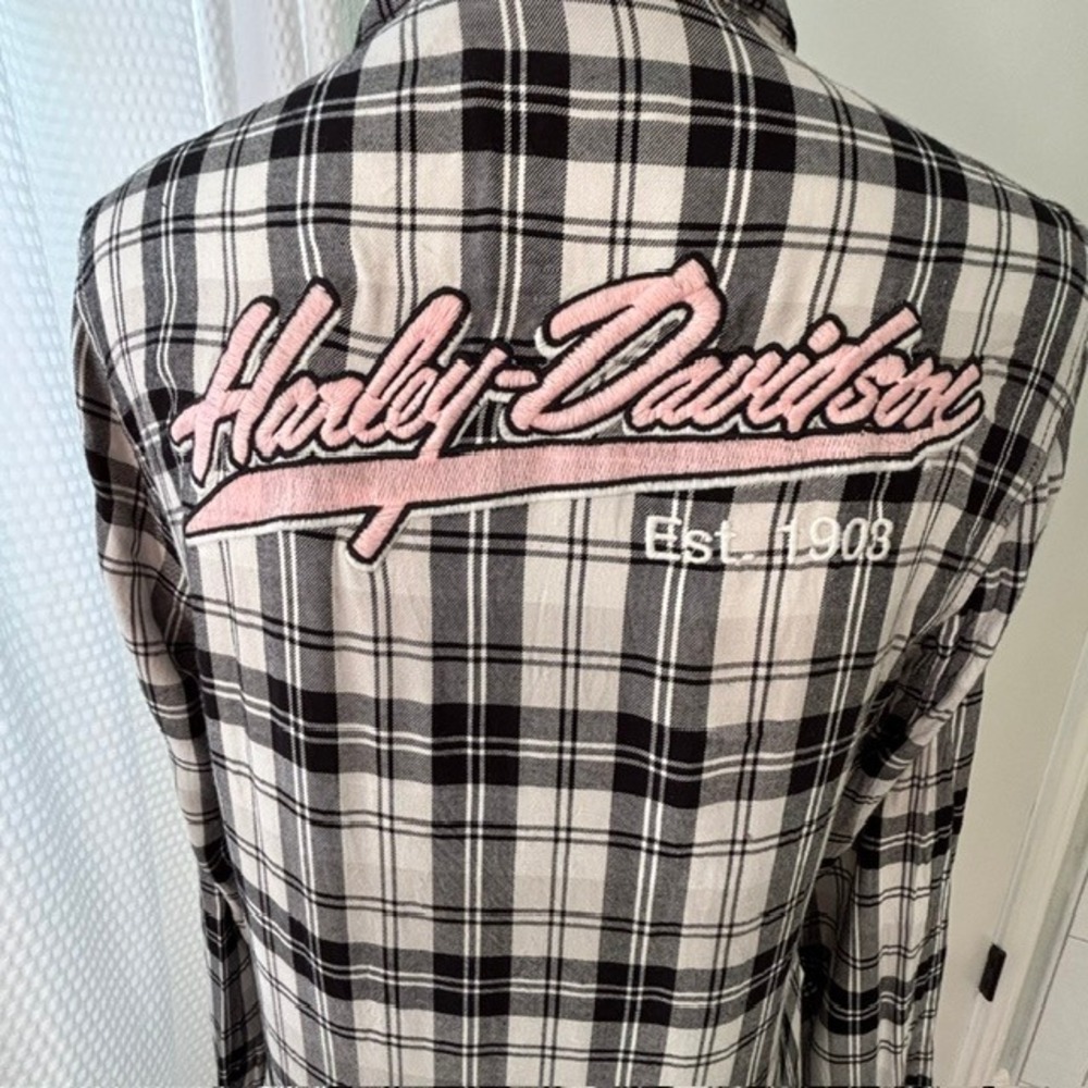 Harley Davidson Shirt Women Medium Black White Plaid Pink Logo Awareness